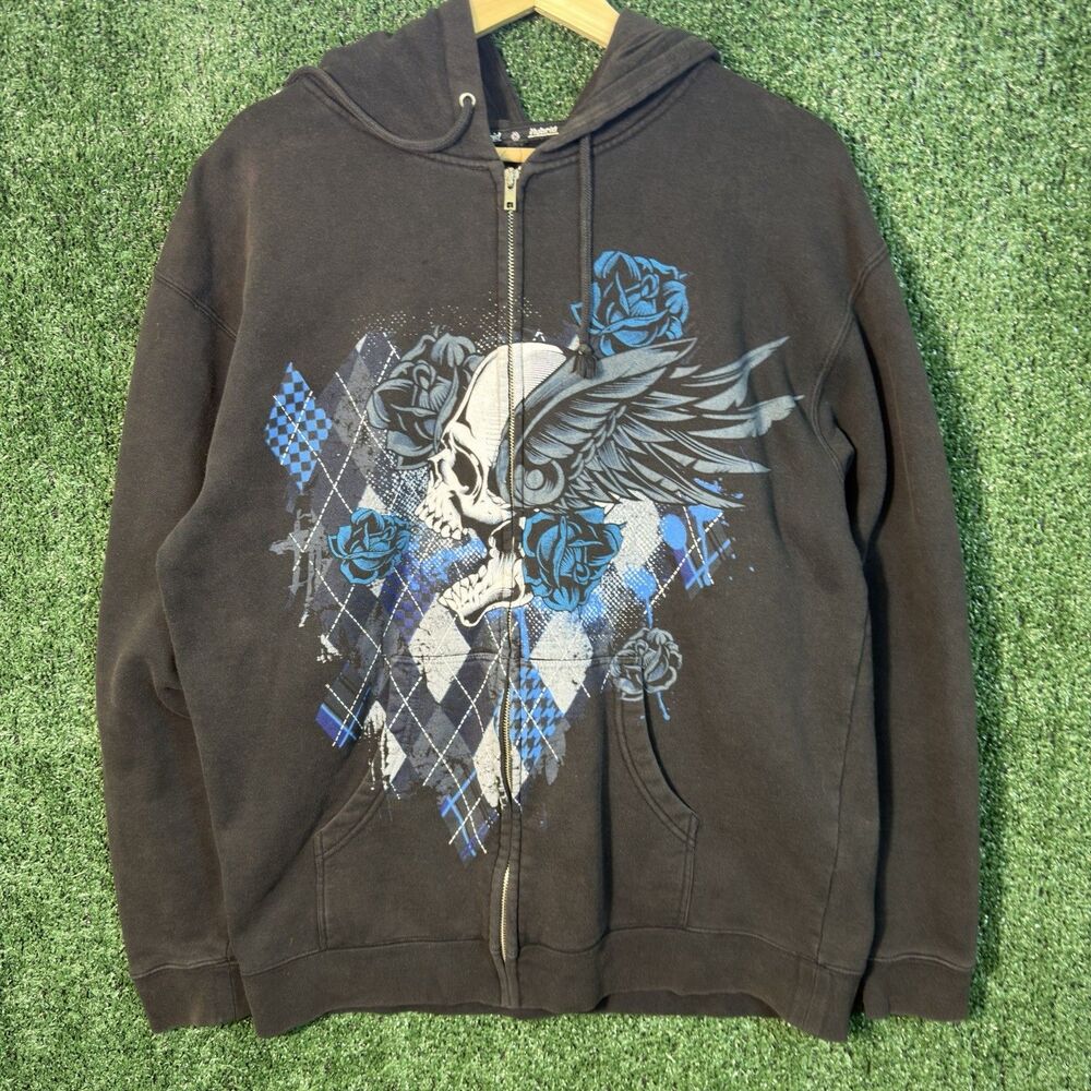 Hybrid Apparel Winged Skull Rose Graphic Hoodie Full Zip Size L Y2K Skate Grunge